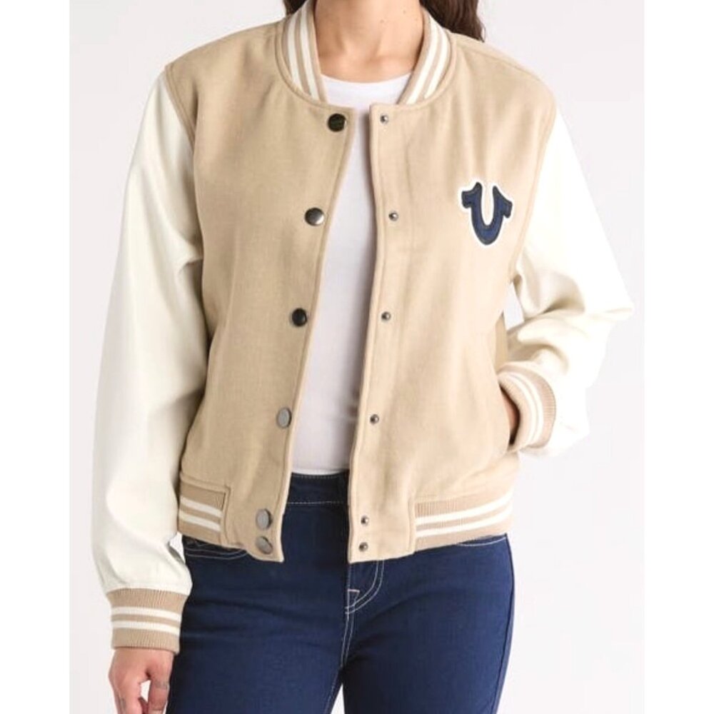True Religion Womens True Varsity Jacket Beige & White Size XL